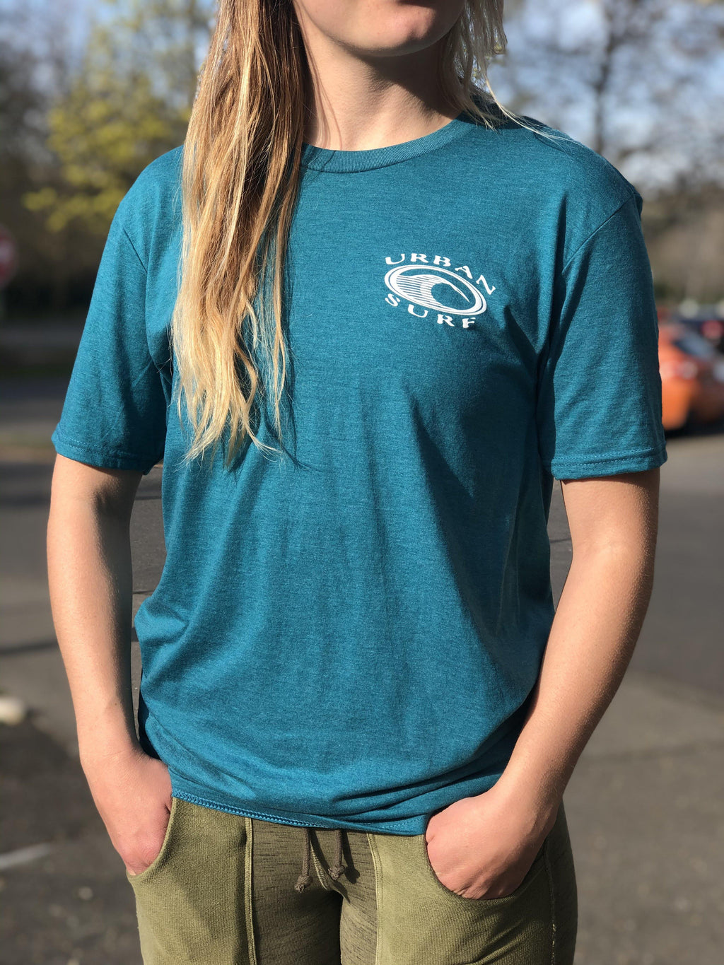 Men & Women's Retro Logo Tee - Heather Teal - Urban Surf